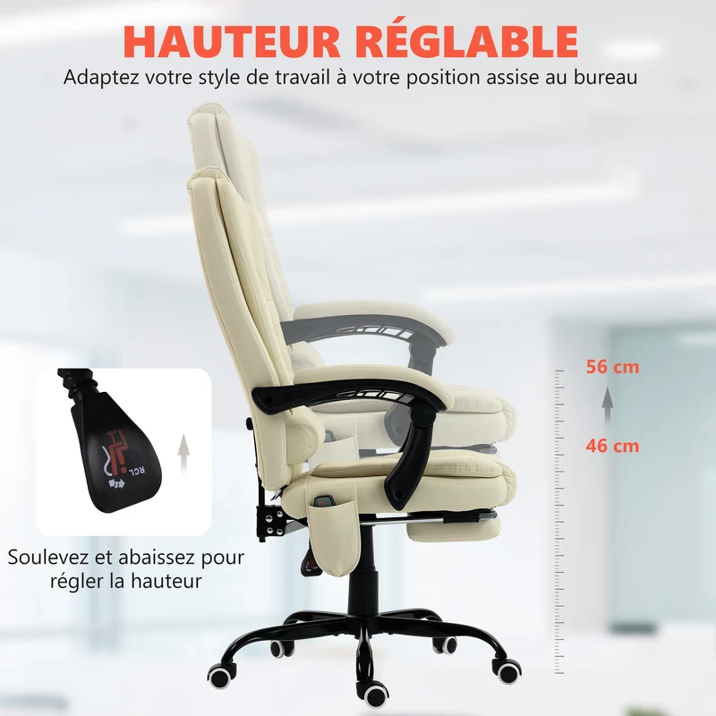 Fauteuil de bureau massant 67 x 79 x 111-121 cm dossier inclinable repose-pieds mousse moderne en polyuréthane beige 21_0006193