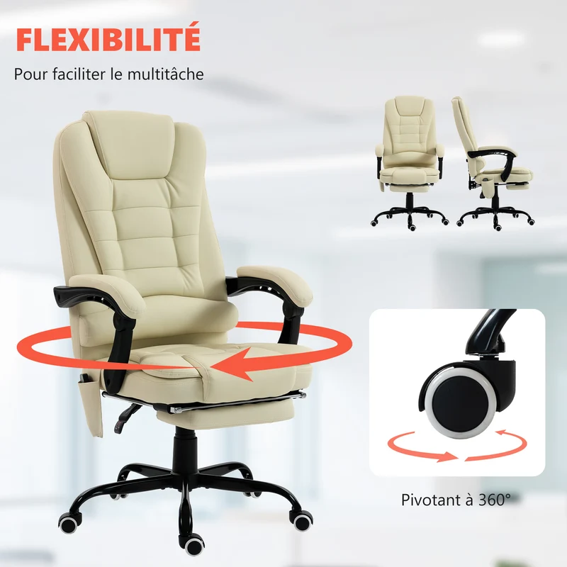Fauteuil de bureau massant 67 x 79 x 111-121 cm dossier inclinable repose-pieds mousse moderne en polyuréthane beige 21_0006193
