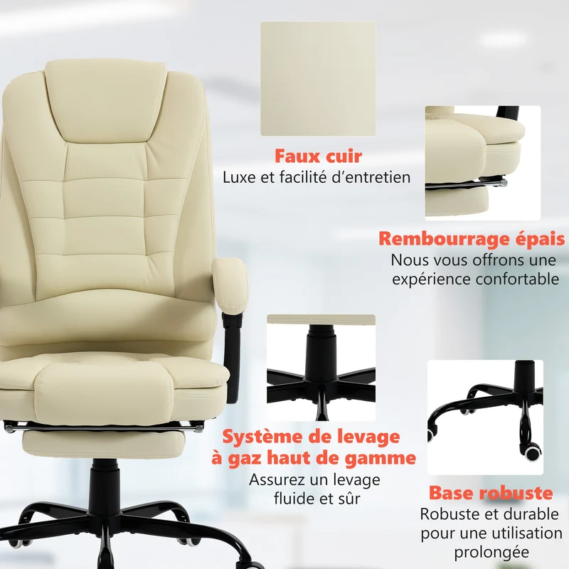 Fauteuil de bureau massant 67 x 79 x 111-121 cm dossier inclinable repose-pieds mousse moderne en polyuréthane beige 21_0006193