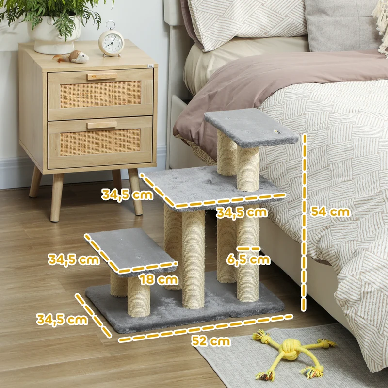 Escalier pour animaux 3 marches 52 x 34,5 x 54 cm confortable protège meubles scandinave en panneau de particules gris 21_0007490