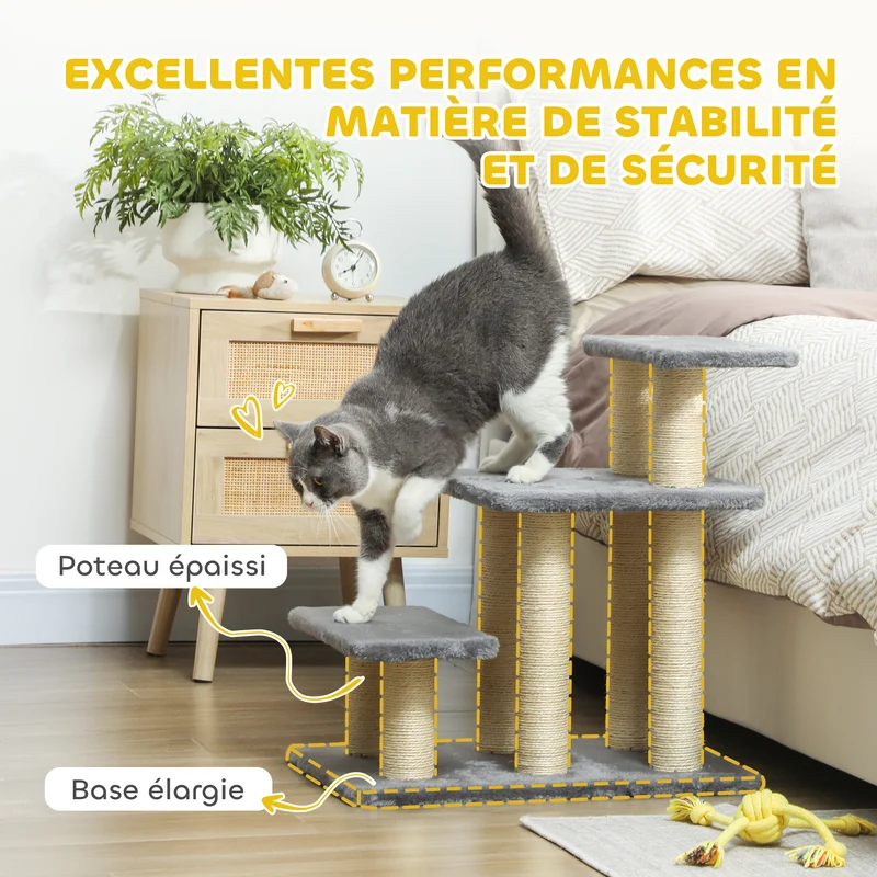 Escalier pour animaux 3 marches 52 x 34,5 x 54 cm confortable protège meubles scandinave en panneau de particules gris 21_0007490