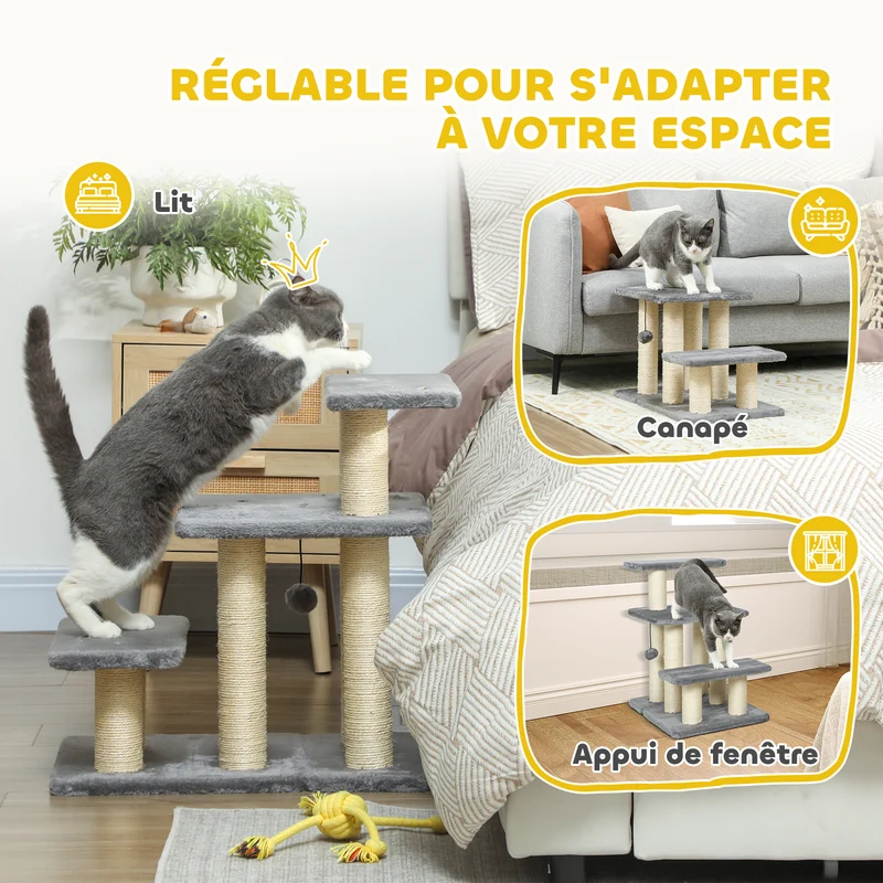 Escalier pour animaux 3 marches 52 x 34,5 x 54 cm confortable protège meubles scandinave en panneau de particules gris 21_0007490