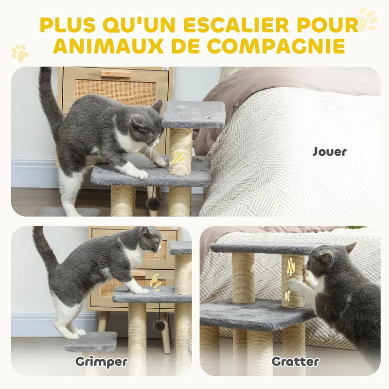 Escalier pour animaux 3 marches 52 x 34,5 x 54 cm confortable protège meubles scandinave en panneau de particules gris 21_0007490