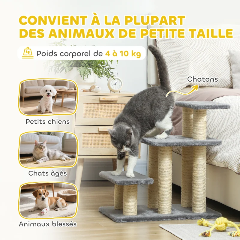 Escalier pour animaux 3 marches 52 x 34,5 x 54 cm confortable protège meubles scandinave en panneau de particules gris 21_0007490