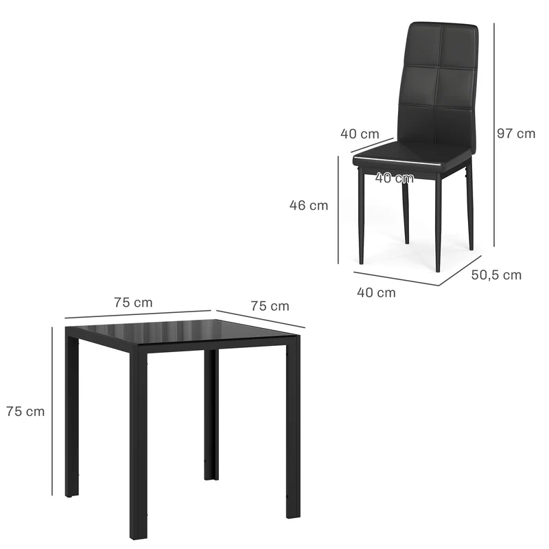 Ensemble table à manger carrée et 2 chaises 75 x 75 x 75 cm assise ergonomique haut dossier moderne épuré en métal noir 21_0002202
