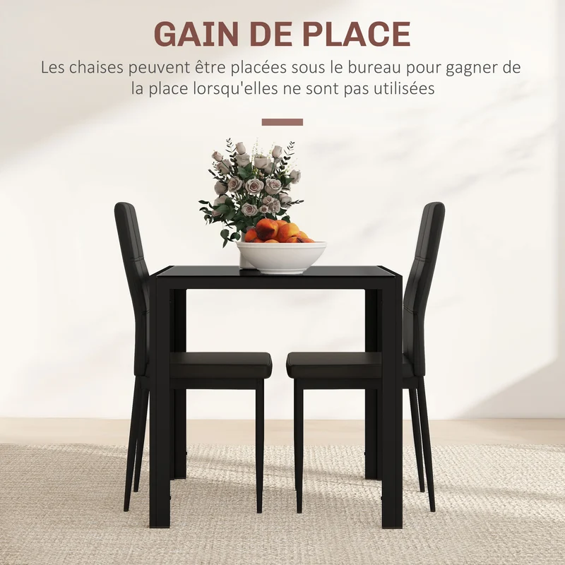 Ensemble table à manger carrée et 2 chaises 75 x 75 x 75 cm assise ergonomique haut dossier moderne épuré en métal noir 21_0002202