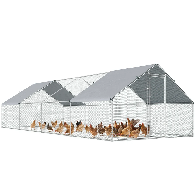 Enclos poulailler extérieur 3 x 8 x 2 m grande surface 24 m2 bâche porte verrouillable rustique en acier galvanisé gris 21_0007938