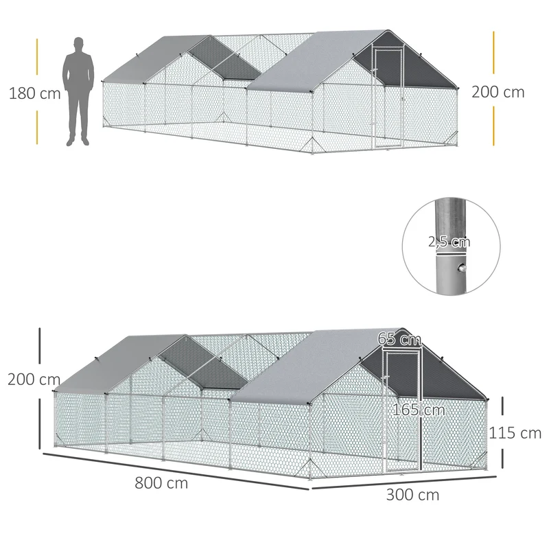 Enclos poulailler extérieur 3 x 8 x 2 m grande surface 24 m2 bâche porte verrouillable rustique en acier galvanisé gris 21_0007938