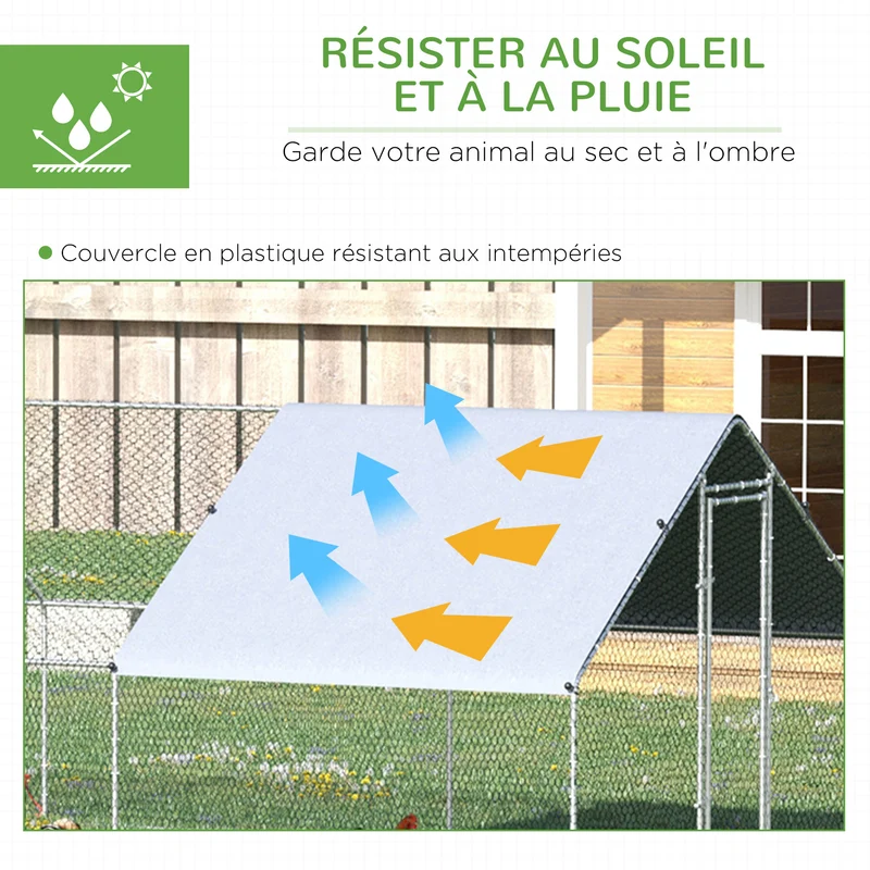 Enclos poulailler extérieur 3 x 8 x 2 m grande surface 24 m2 bâche porte verrouillable rustique en acier galvanisé gris 21_0007938