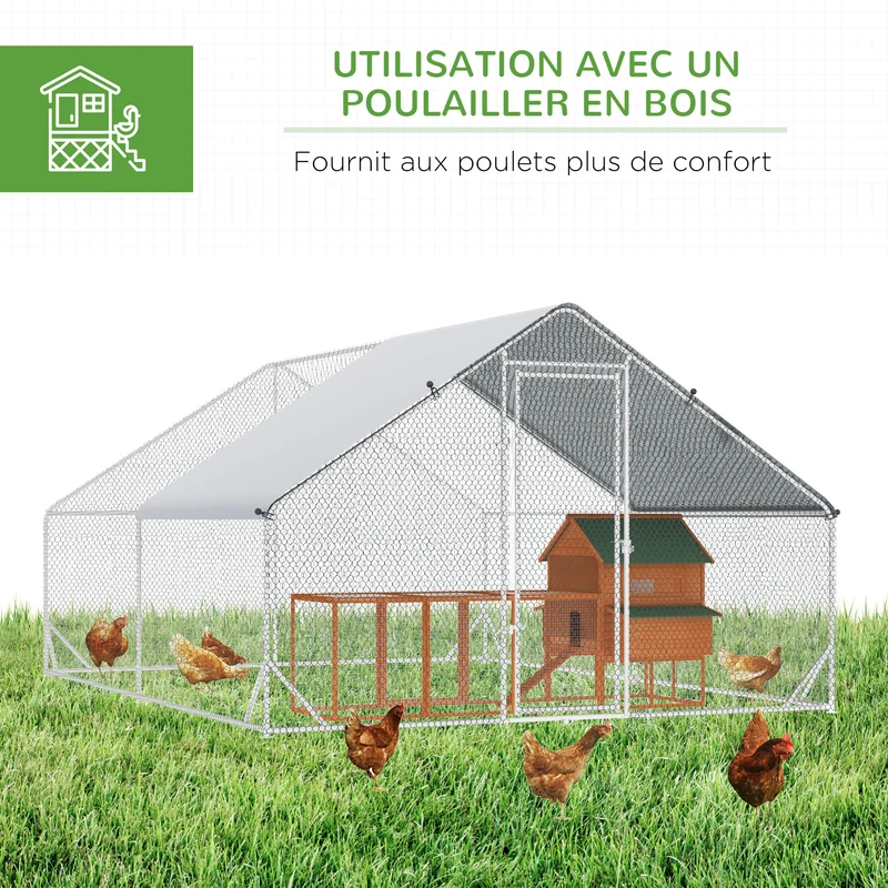 Enclos poulailler extérieur 3 x 8 x 2 m grande surface 24 m2 bâche porte verrouillable rustique en acier galvanisé gris 21_0007938