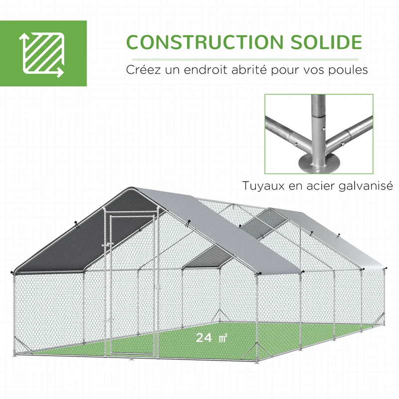 Enclos poulailler extérieur 3 x 8 x 2 m grande surface 24 m2 bâche porte verrouillable rustique en acier galvanisé gris 21_0007938
