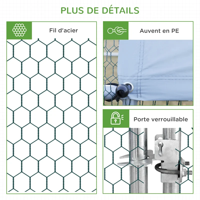 Enclos poulailler extérieur 3 x 8 x 2 m grande surface 24 m2 bâche porte verrouillable rustique en acier galvanisé gris 21_0007938