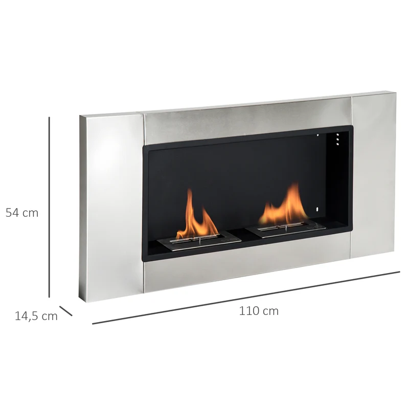 Cheminée bioéthanol encastrable murale chambre 110 x 14,5 x 54 cm flammes sans fumée design en acier inoxydable gris 21_0000793
