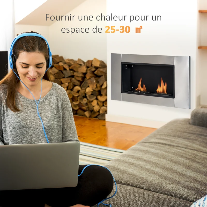Cheminée bioéthanol encastrable murale chambre 110 x 14,5 x 54 cm flammes sans fumée design en acier inoxydable gris 21_0000793