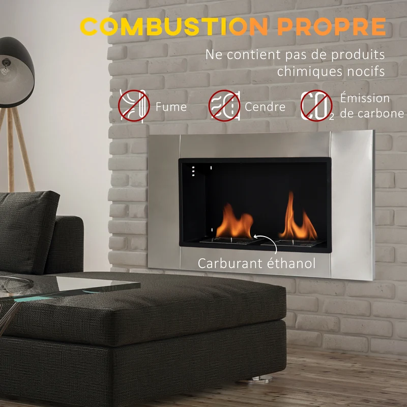 Cheminée bioéthanol encastrable murale chambre 110 x 14,5 x 54 cm flammes sans fumée design en acier inoxydable gris 21_0000793