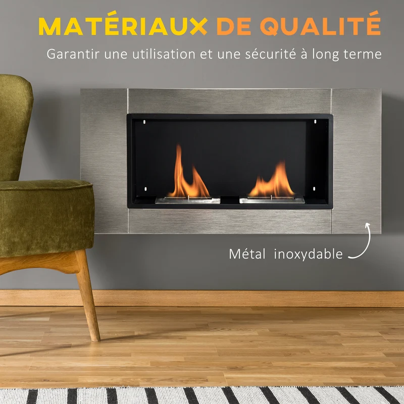 Cheminée bioéthanol encastrable murale chambre 110 x 14,5 x 54 cm flammes sans fumée design en acier inoxydable gris 21_0000793