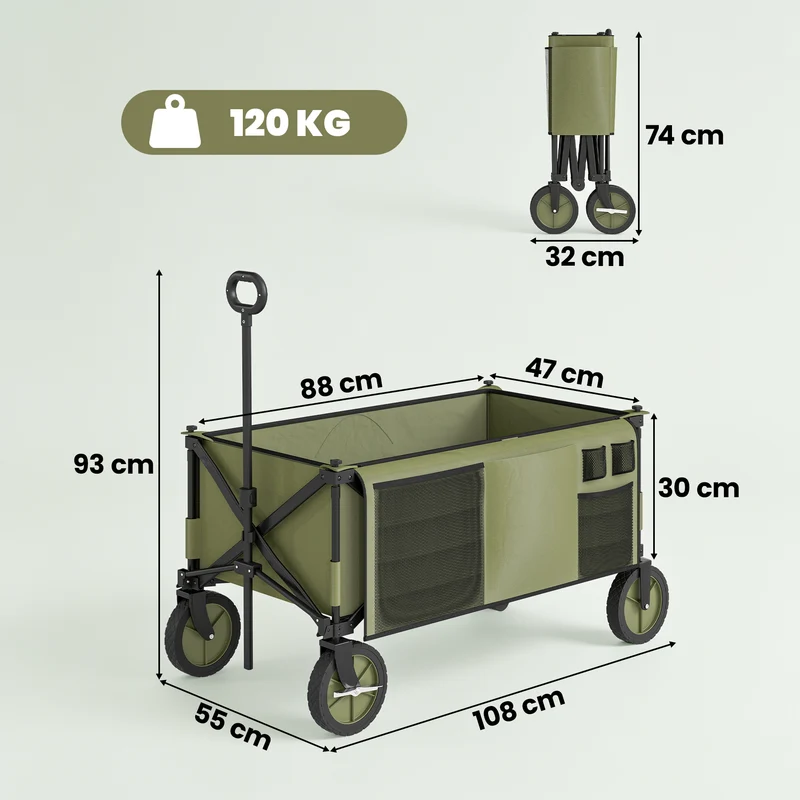 Chariot de jardin pliable extérieur 108 x 55 x 93 cm pliage rapide 4 roues freinées moderne contemporain en acier vert 21_0004309