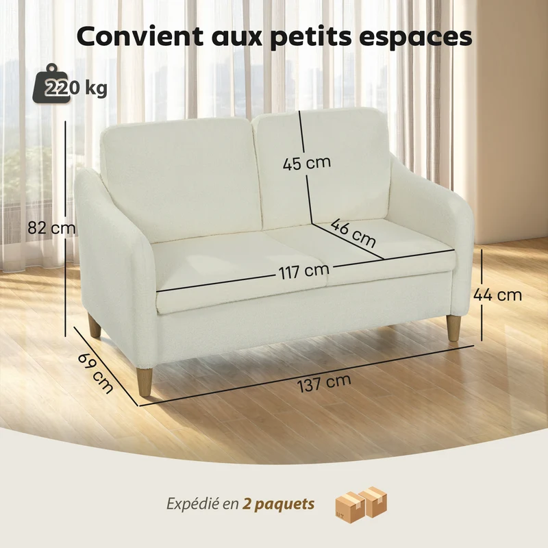 Canapé 2 places salon cosy 137 x 69 x 82 cm assise rembourrée coussins inclus style scandinave en tissu bouclette crème 21_0003599