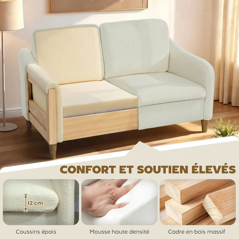 Canapé 2 places salon cosy 137 x 69 x 82 cm assise rembourrée coussins inclus style scandinave en tissu bouclette crème 21_0003599
