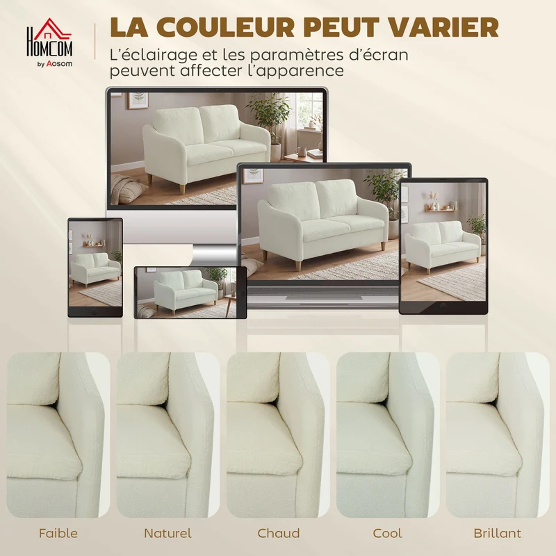Canapé 2 places salon cosy 137 x 69 x 82 cm assise rembourrée coussins inclus style scandinave en tissu bouclette crème 21_0003599