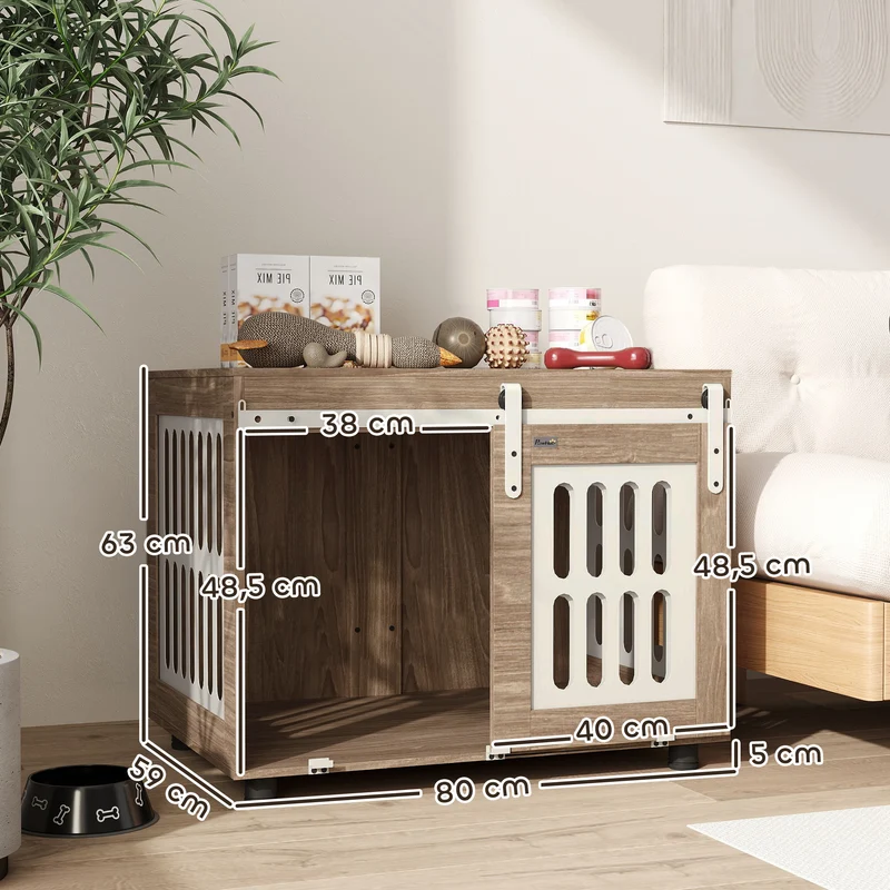 Caisse pour chien double fonction table d'appoint 80 x 59 x 63 cm porte coulissante ventilée scandinave en bois noyer 21_0007311