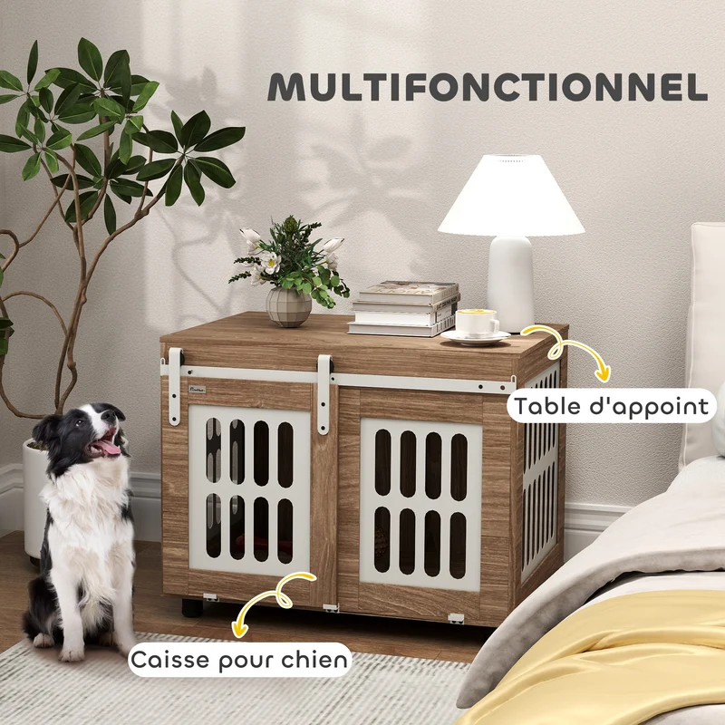 Caisse pour chien double fonction table d'appoint 80 x 59 x 63 cm porte coulissante ventilée scandinave en bois noyer 21_0007311