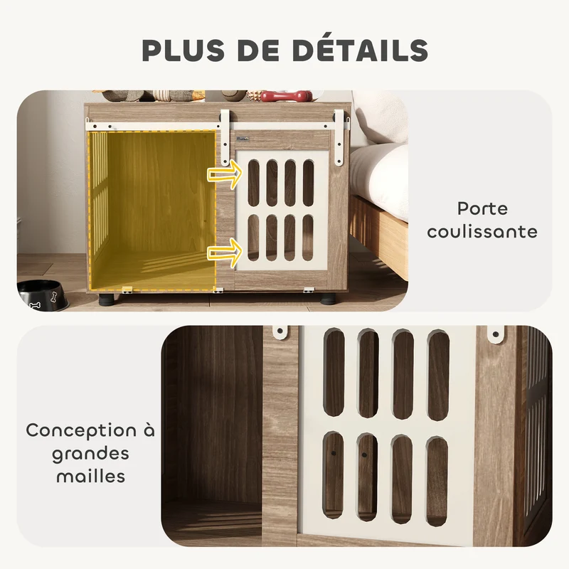 Caisse pour chien double fonction table d'appoint 80 x 59 x 63 cm porte coulissante ventilée scandinave en bois noyer 21_0007311