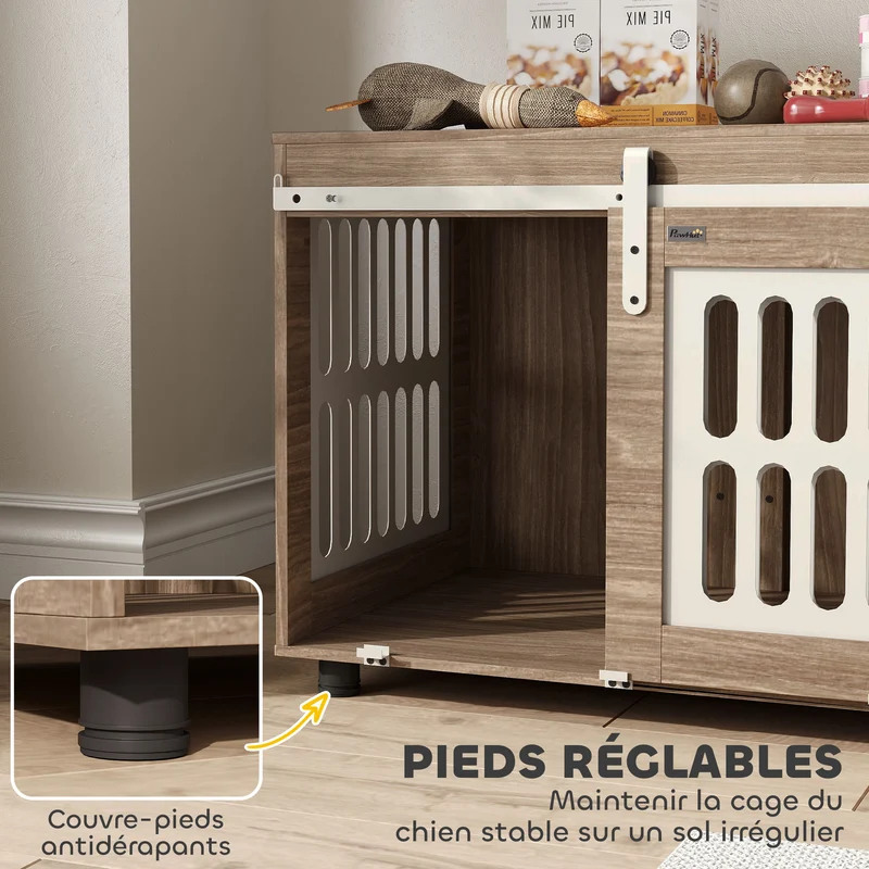Caisse pour chien double fonction table d'appoint 80 x 59 x 63 cm porte coulissante ventilée scandinave en bois noyer 21_0007311