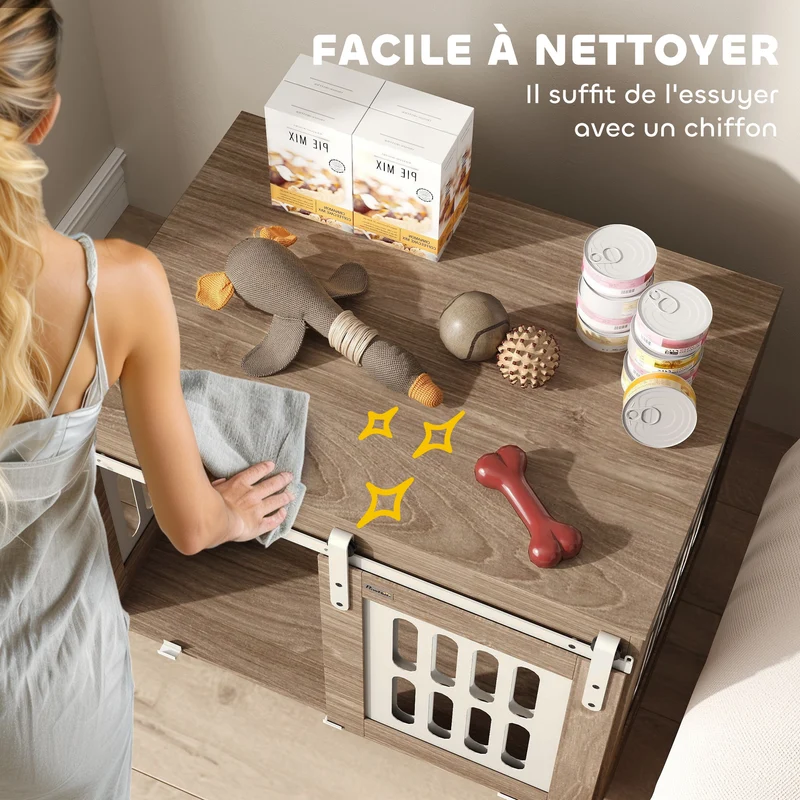 Caisse pour chien double fonction table d'appoint 80 x 59 x 63 cm porte coulissante ventilée scandinave en bois noyer 21_0007311