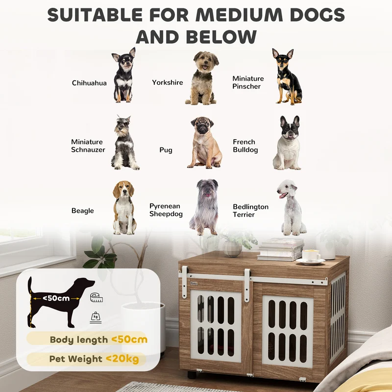 Caisse pour chien double fonction table d'appoint 80 x 59 x 63 cm porte coulissante ventilée scandinave en bois noyer 21_0007311