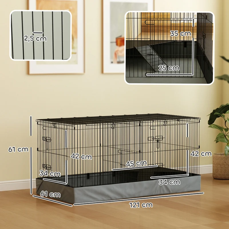 Cage 2 en 1 pour lapins cobayes hérissons 121 x 61 x 61 cm couvercle amovible fond imperméable moderne en acier noir 21_0008005
