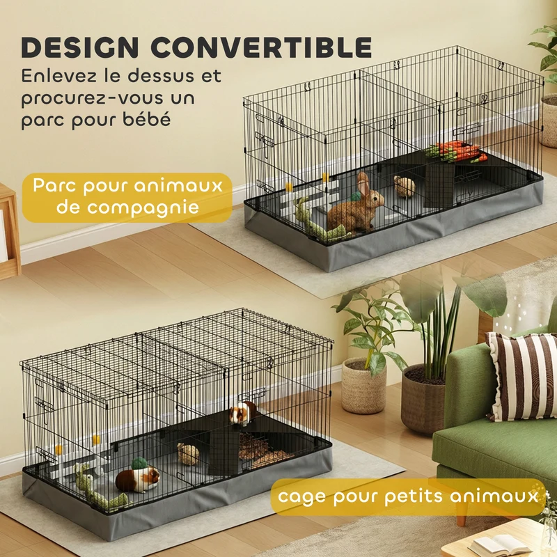 Cage 2 en 1 pour lapins cobayes hérissons 121 x 61 x 61 cm couvercle amovible fond imperméable moderne en acier noir 21_0008005