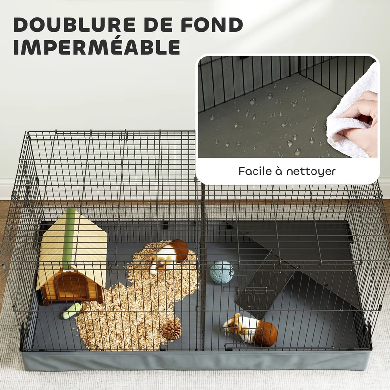 Cage 2 en 1 pour lapins cobayes hérissons 121 x 61 x 61 cm couvercle amovible fond imperméable moderne en acier noir 21_0008005