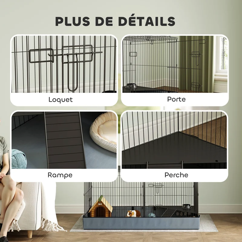 Cage 2 en 1 pour lapins cobayes hérissons 121 x 61 x 61 cm couvercle amovible fond imperméable moderne en acier noir 21_0008005