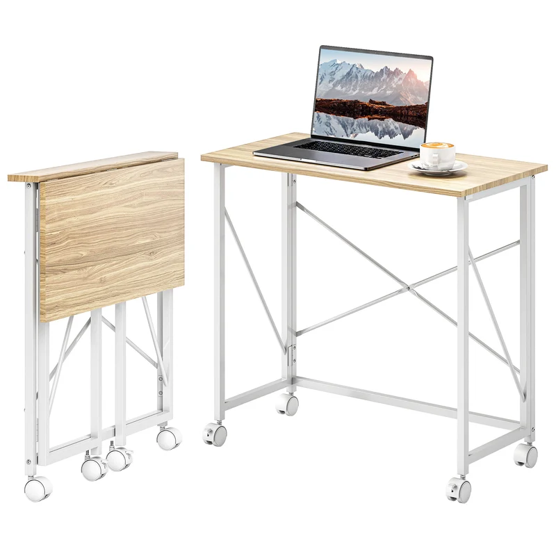 Bureau pliant table d'ordinateur 80 x 40 x 75 cm gain de place sur roulettes deux freins moderne épuré en MDF chêne 21_0002525