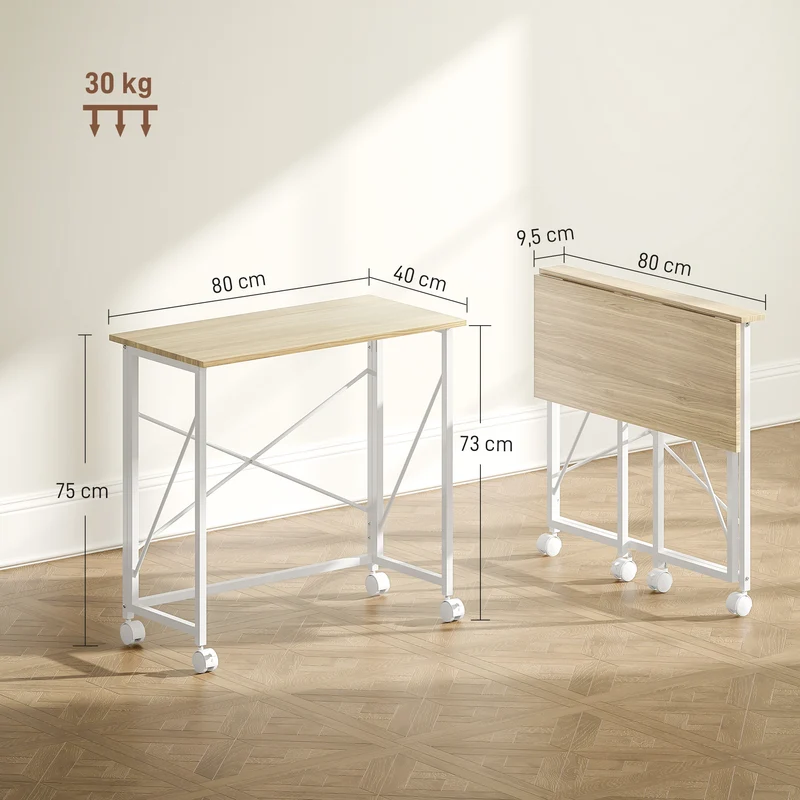 Bureau pliant table d'ordinateur 80 x 40 x 75 cm gain de place sur roulettes deux freins moderne épuré en MDF chêne 21_0002525