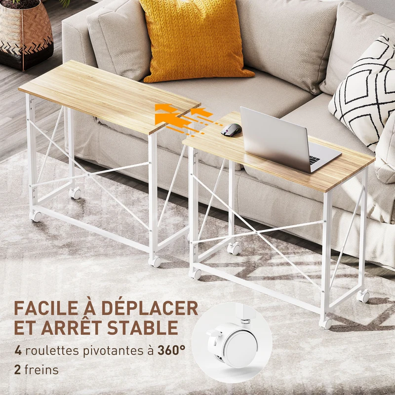 Bureau pliant table d'ordinateur 80 x 40 x 75 cm gain de place sur roulettes deux freins moderne épuré en MDF chêne 21_0002525