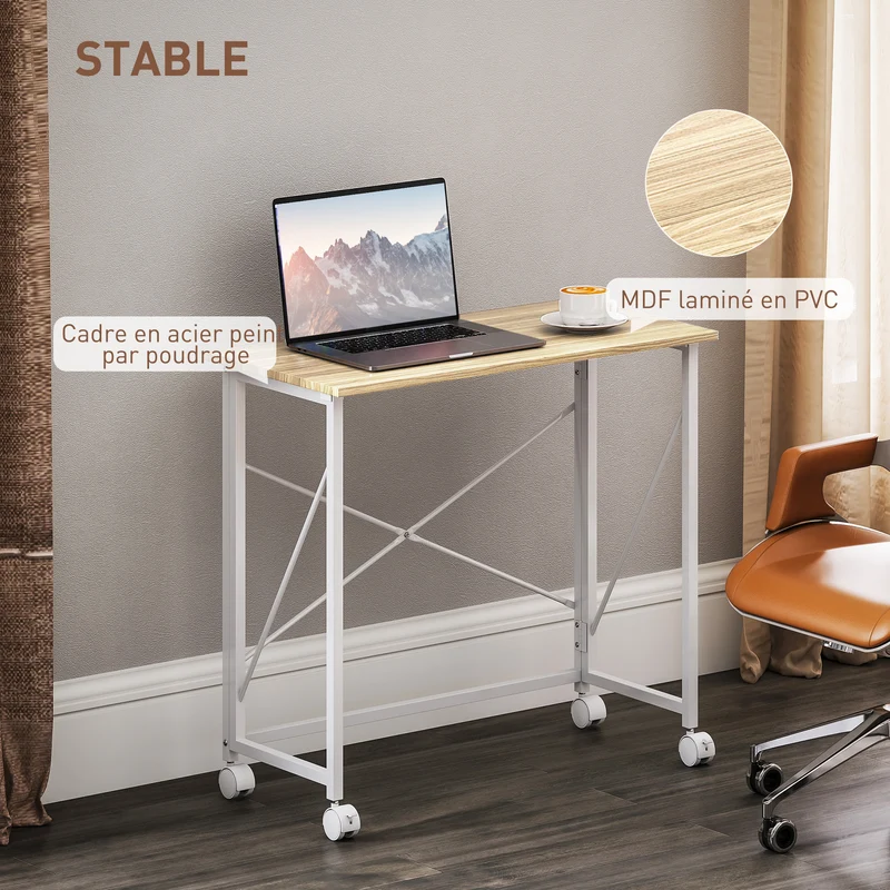 Bureau pliant table d'ordinateur 80 x 40 x 75 cm gain de place sur roulettes deux freins moderne épuré en MDF chêne 21_0002525