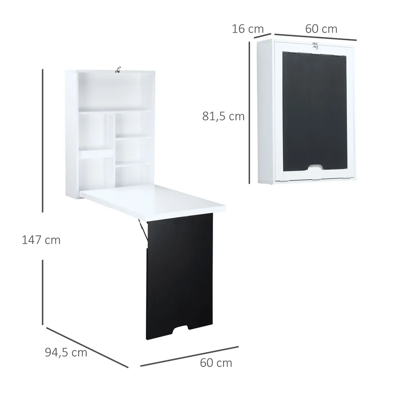 Bureau mural pliable pour petits espaces 60 x 94,5 x 147 cm étagère intégrée tableau à craie moderne épuré en MDF blanc 21_0002421
