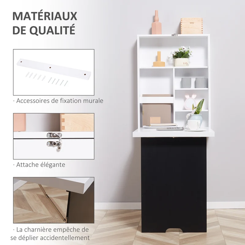 Bureau mural pliable pour petits espaces 60 x 94,5 x 147 cm étagère intégrée tableau à craie moderne épuré en MDF blanc 21_0002421