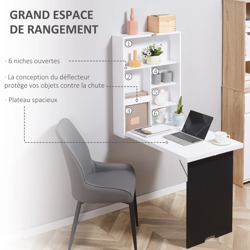 Bureau mural pliable pour petits espaces 60 x 94,5 x 147 cm étagère intégrée tableau à craie moderne épuré en MDF blanc 21_0002421
