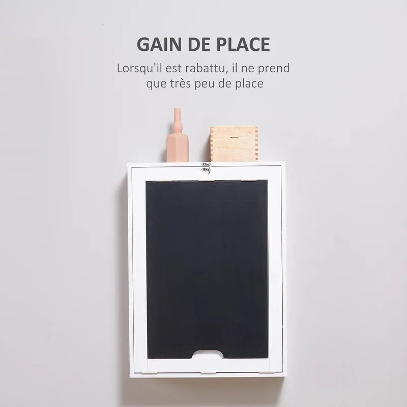 Bureau mural pliable pour petits espaces 60 x 94,5 x 147 cm étagère intégrée tableau à craie moderne épuré en MDF blanc 21_0002421
