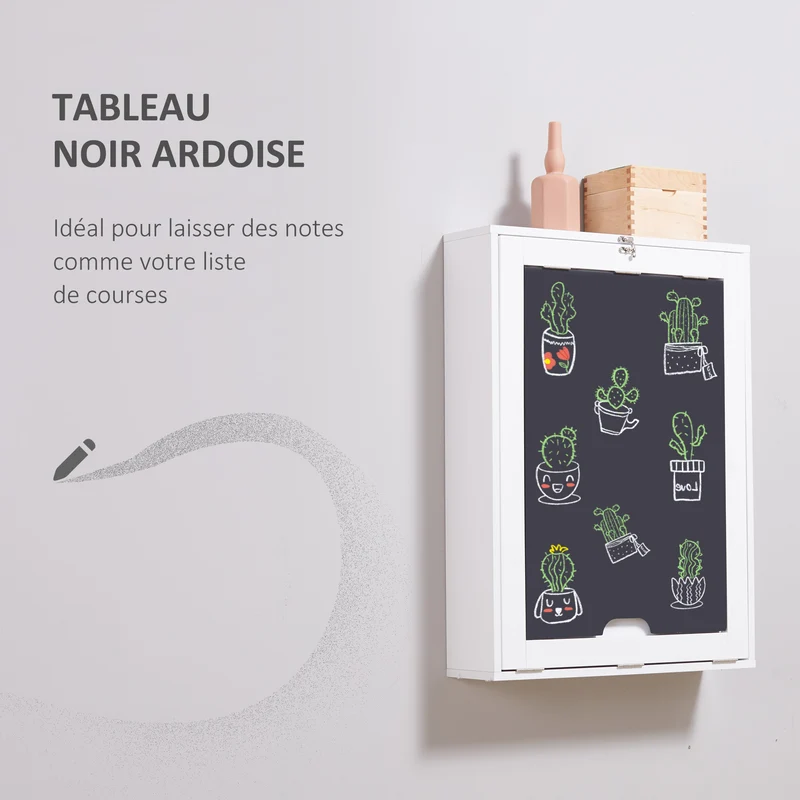 Bureau mural pliable pour petits espaces 60 x 94,5 x 147 cm étagère intégrée tableau à craie moderne épuré en MDF blanc 21_0002421