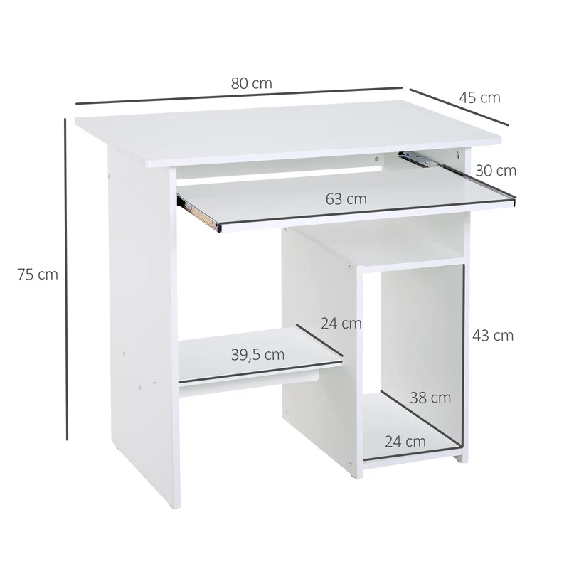 Bureau d'ordinateur compact 80 x 45 x 75 cm plateau clavier coulissant rangements épuré en panneau de particules blanc 21_0002406