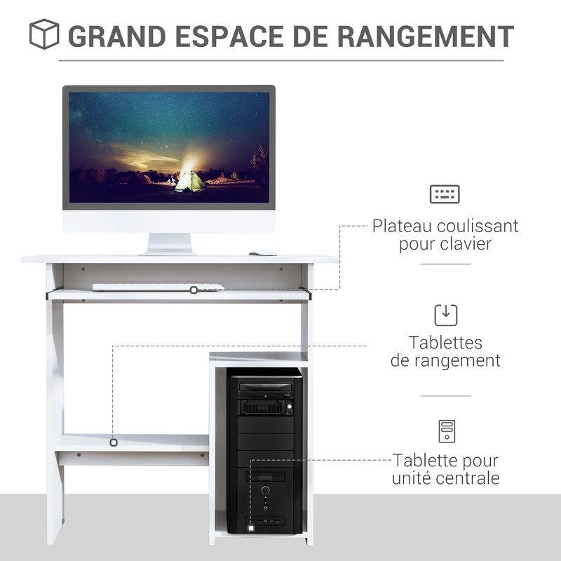 Bureau d'ordinateur compact 80 x 45 x 75 cm plateau clavier coulissant rangements épuré en panneau de particules blanc 21_0002406