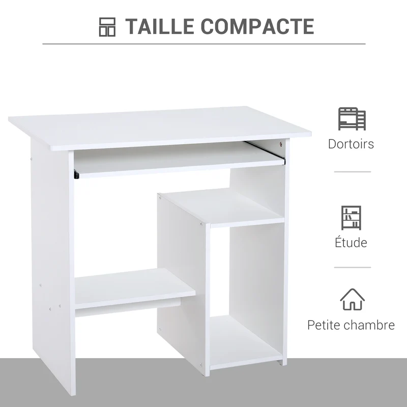 Bureau d'ordinateur compact 80 x 45 x 75 cm plateau clavier coulissant rangements épuré en panneau de particules blanc 21_0002406