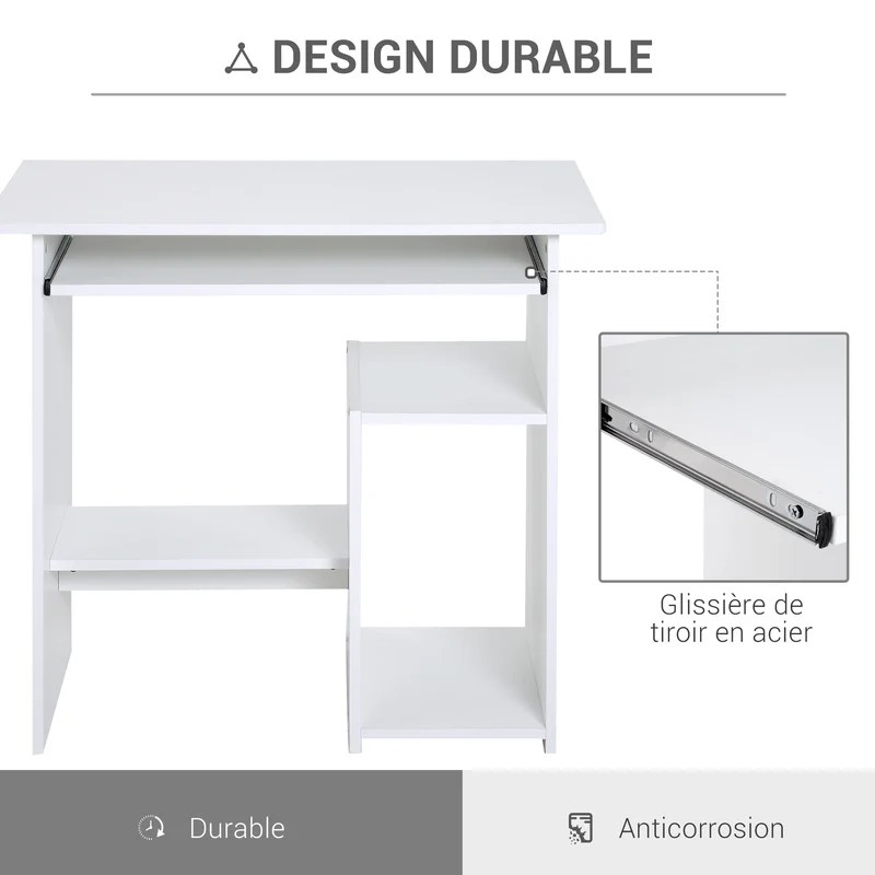 Bureau d'ordinateur compact 80 x 45 x 75 cm plateau clavier coulissant rangements épuré en panneau de particules blanc 21_0002406