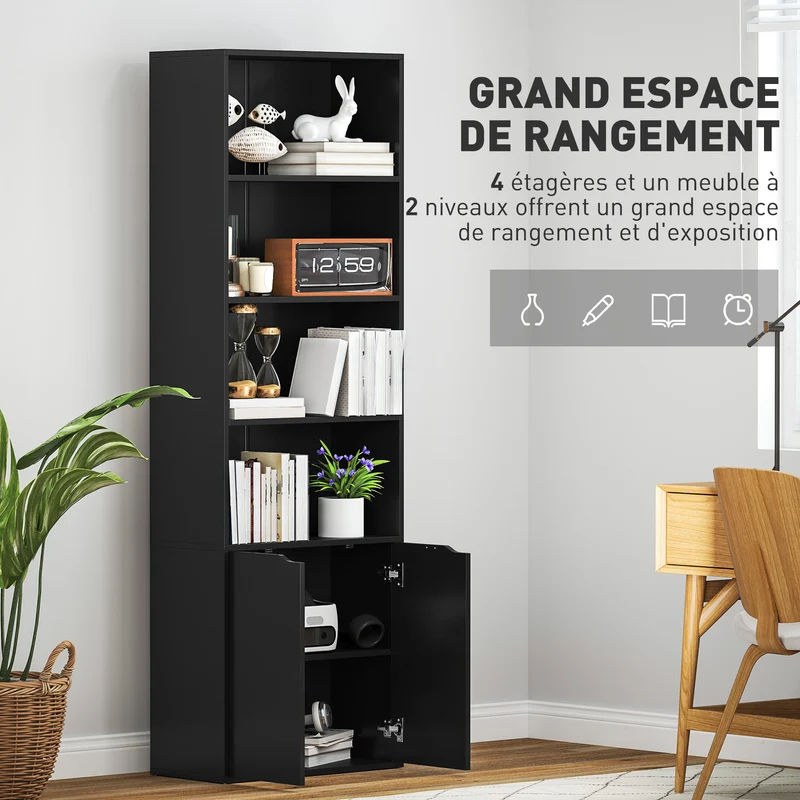 Bibliothèque armoire à livres salon 59 x 29 x 180 cm rangement sûr placard moderne épuré en panneau de particules noir 21_0002482
