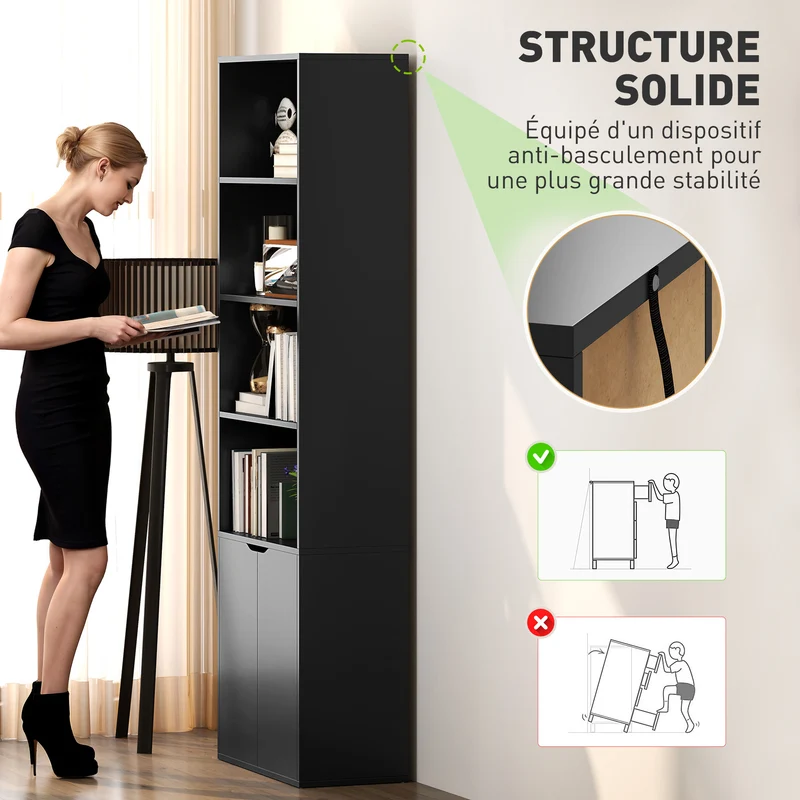 Bibliothèque armoire à livres salon 59 x 29 x 180 cm rangement sûr placard moderne épuré en panneau de particules noir 21_0002482