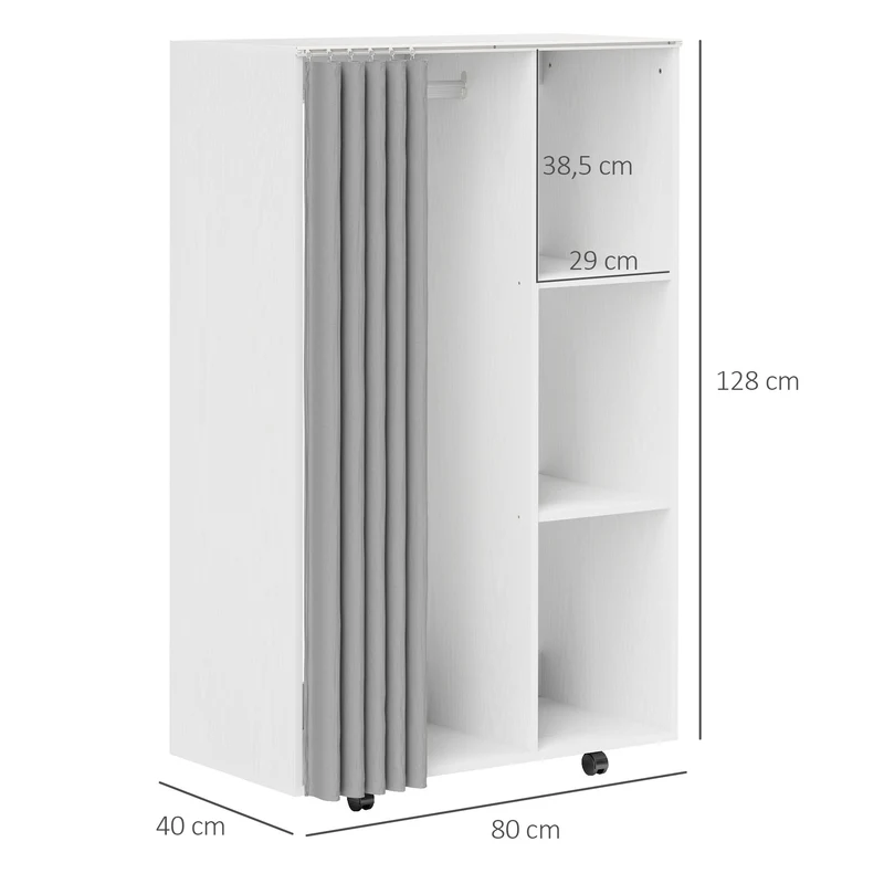 Armoire penderie 80 x 40 x 128 cm rideau protecteur roulettes pratiques moderne salon en panneau de particules blanc 21_0001652